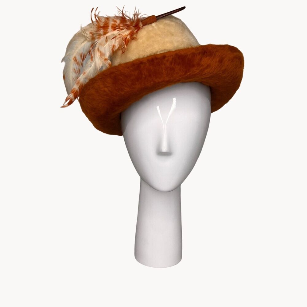 Vintage 60s Pinched Crown Fuzzy Fedora Hat 2 Tone White Rust Breton Mod Bellini - Picture 2 of 14